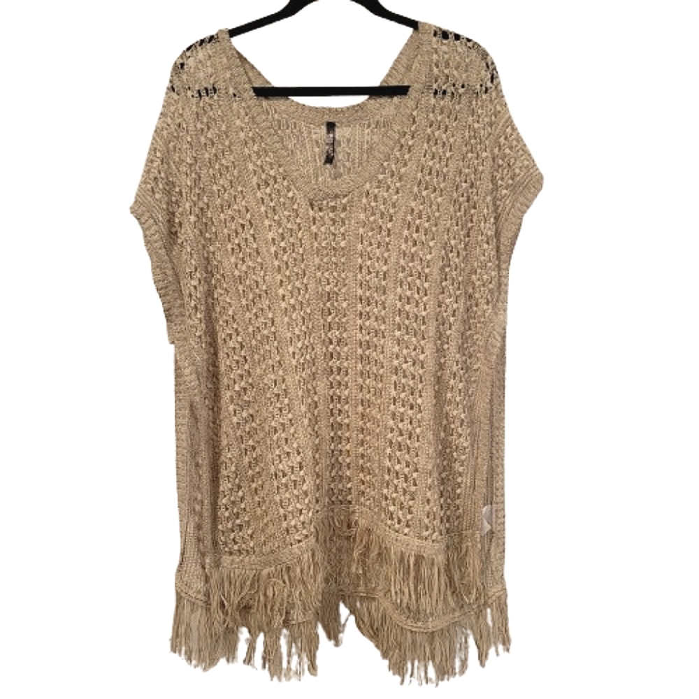 Absolutely Open Knit Blouse Poncho Fringe Trim Neutral Tan size Medium